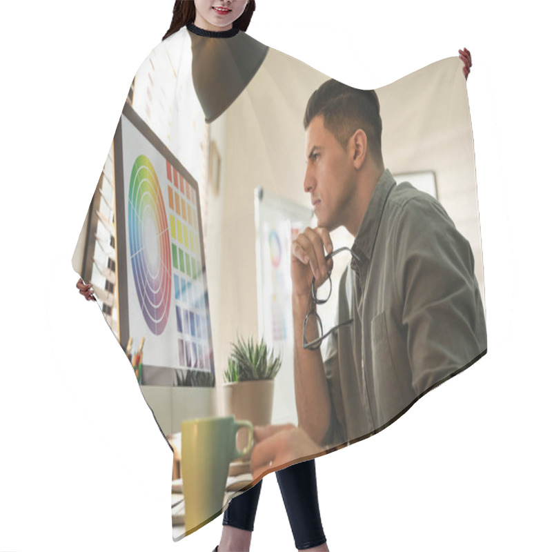 Personality  Professional Designer Working With Computer In Office Hair Cutting Cape