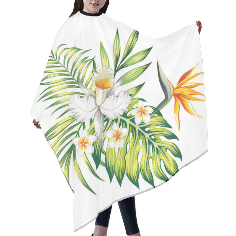 Personality  Exotic Trendy Composition From Tropical Flowers Lily, Plumeria, Bird Of Paradise And Palm Leaves, Monstera On The White Background Hair Cutting Cape