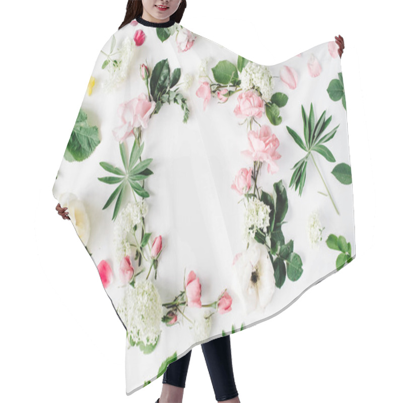 Personality  Flat Lay Frame With Pink And White Roses Hair Cutting Cape