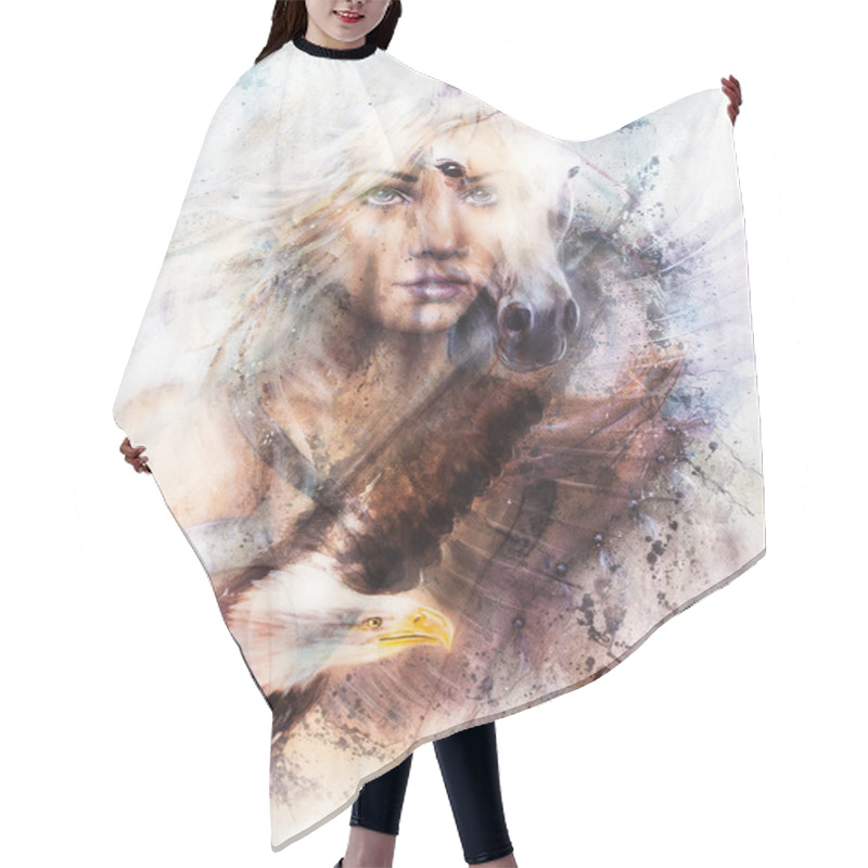 Personality  Painting Woman And  Horse With A Flying Eagle Beautiful Painting Illustration Collage. Hair Cutting Cape