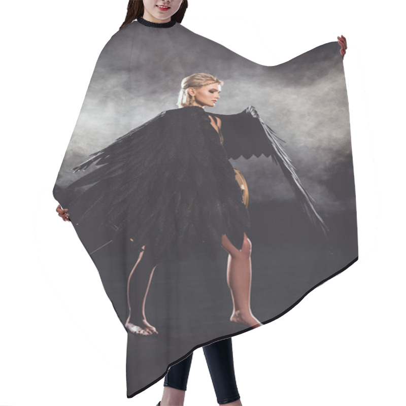 Personality  Beautiful Woman With Black Angel Wings And Sword Posing On Black Background Hair Cutting Cape