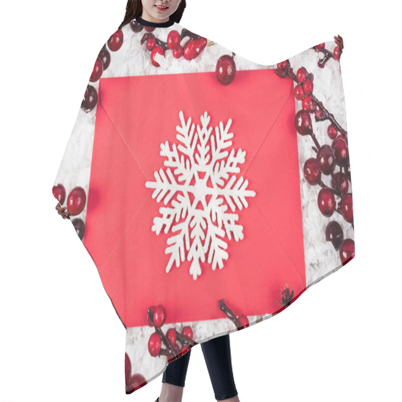 Personality  Top View Of Decorative Snowflake On Red Envelope Near Branches With Artificial Berries On White Textured Background, New Year Concept Hair Cutting Cape