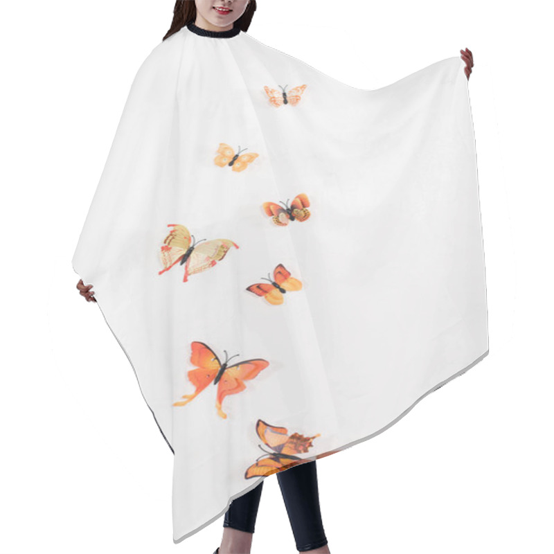 Personality  Cropped View Of Woman Releasing Orange Butterflies On White Background, Environmental Saving Concept  Hair Cutting Cape