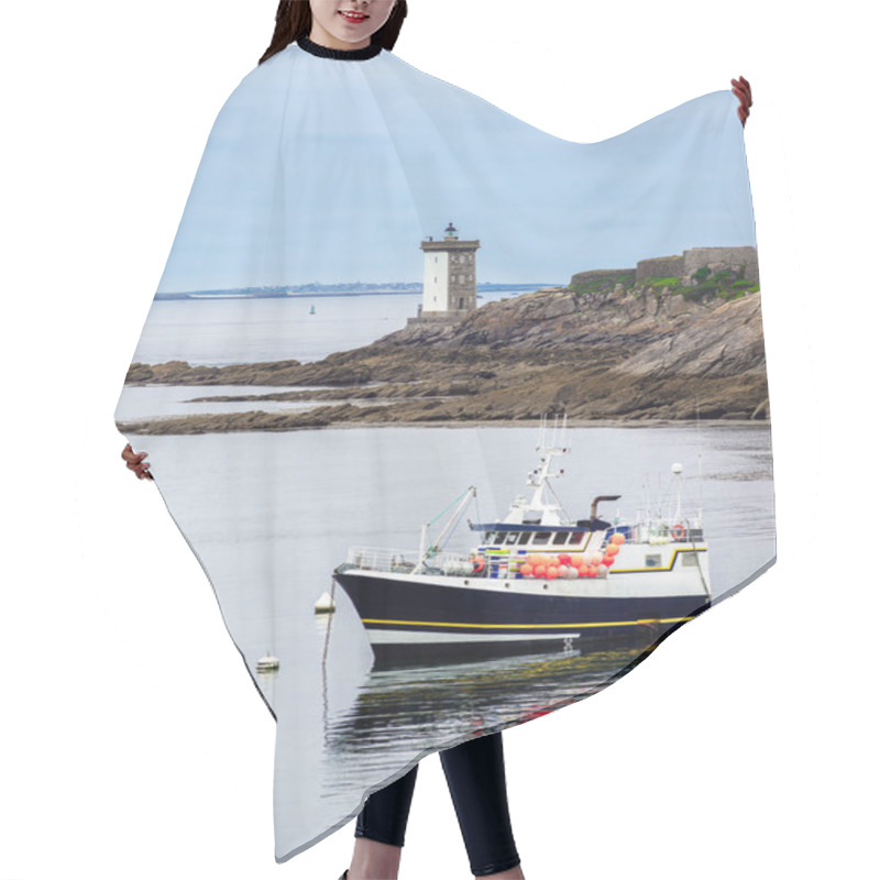 Personality  A Fishing Boat Anchored Near A Rocky Coastline With A Lighthouse Phare Of Kermorvan In The Background. Hair Cutting Cape