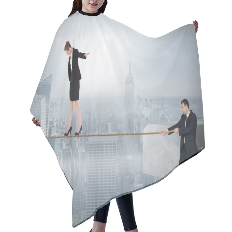 Personality  Young Businessman Pulling A Tightrope For Business Woman Hair Cutting Cape