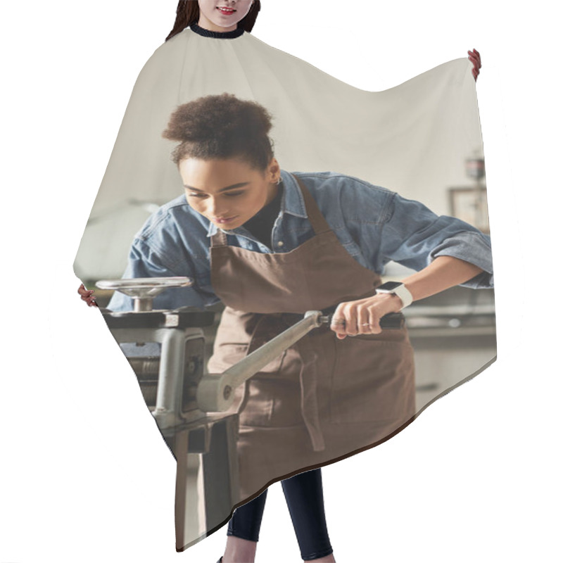 Personality  A Focused Artisan Skillfully Shapes Materials While Surrounded By Craft Tools And Equipment. Hair Cutting Cape