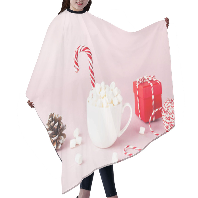 Personality  White Mug With Marshmallows Candy Cane, Red Gift Box, Pine Cone, Decorative Lace On Pink Background Flat Lay Winter Traditional Drink Food Festive Decor Christmas New Year Presents Xmas Holiday Hair Cutting Cape