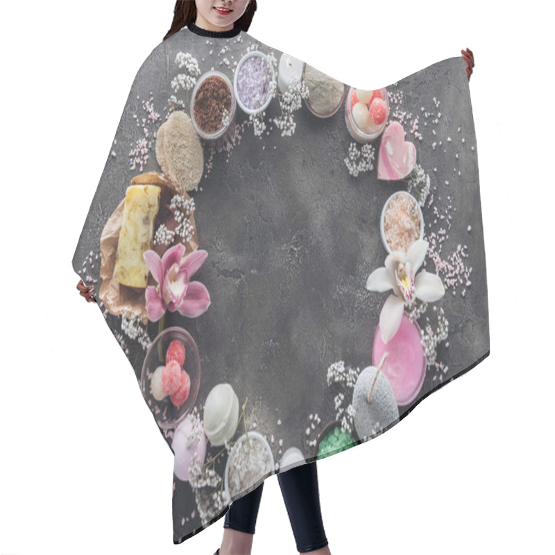 Personality  Top View Of Round Frame With Copy Space Made From Spa And Body Care Accessories On Grey Hair Cutting Cape