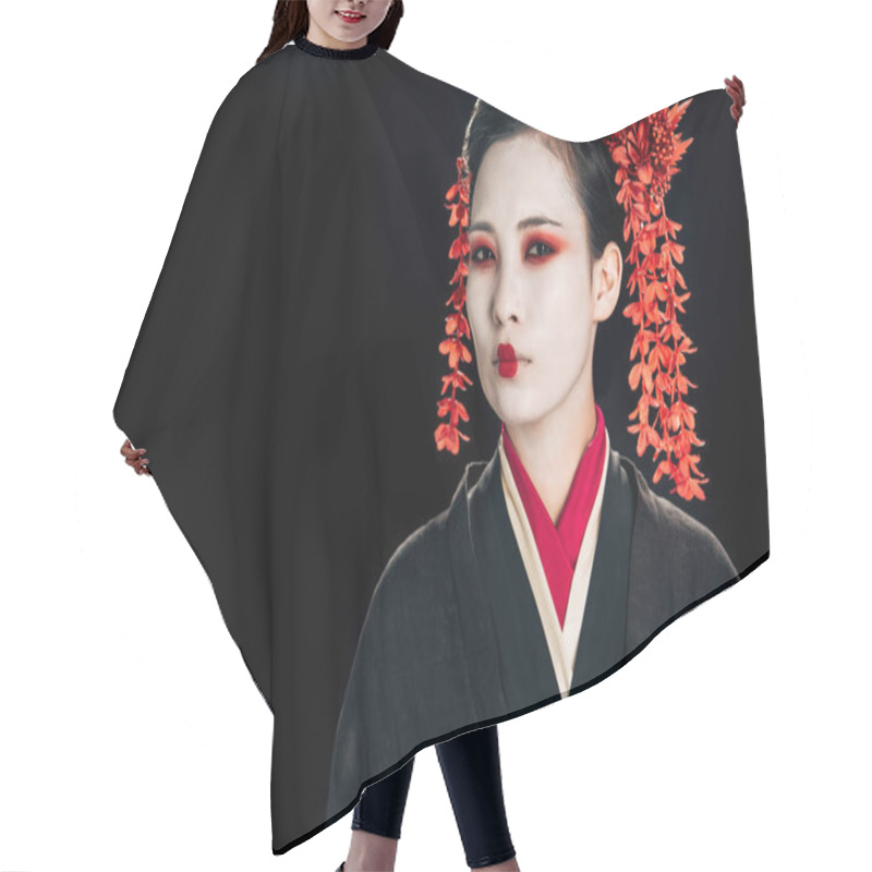 Personality  Serious Geisha In Black And Red Kimono And Flowers In Hair Isolated On Black Hair Cutting Cape