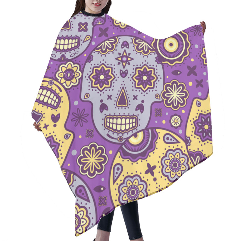 Personality  Colorful Decorated Sugar Skull Pattern In Purple And Yellow. Vector Seamless Pattern Design For Textile, Fashion, Paper, Packaging And Branding. Hair Cutting Cape