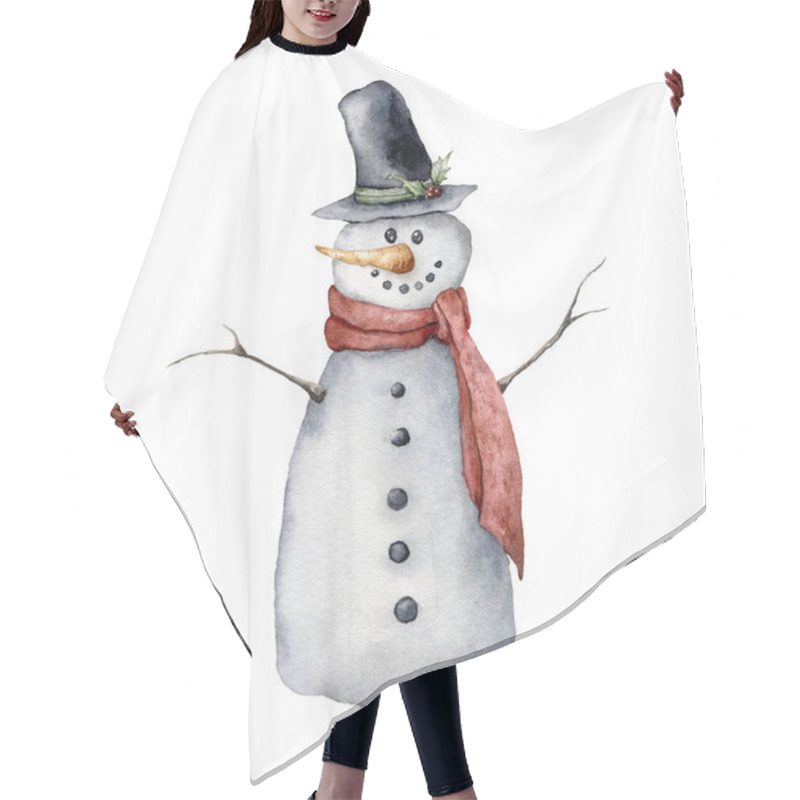 Personality  Watercolor Snowman. Hand Painted Christmas Illustration With Hat, Scarf And Carrot Isolated On White Background. Holiday Card For Design, Print, Fabric Or Background. Hair Cutting Cape