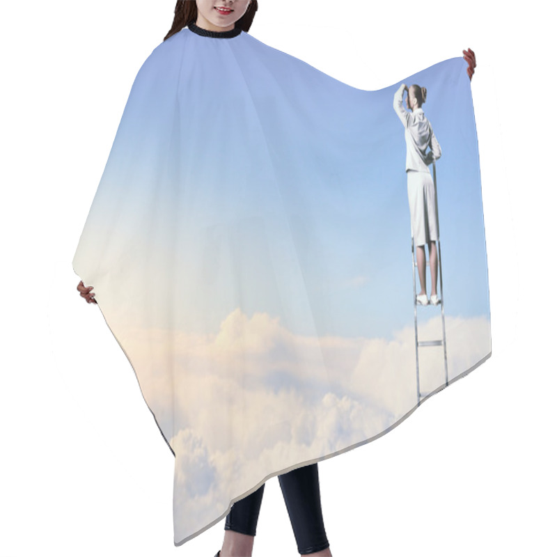 Personality  Businesswoman Standing On Ladder Hair Cutting Cape