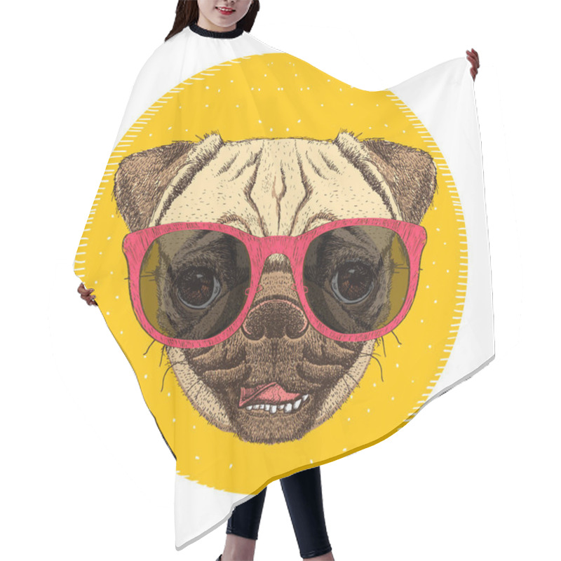 Personality  Pug Dog And Suglasses Emblem, Front View Portrait, Hand Drawn Vector Illustration Hair Cutting Cape