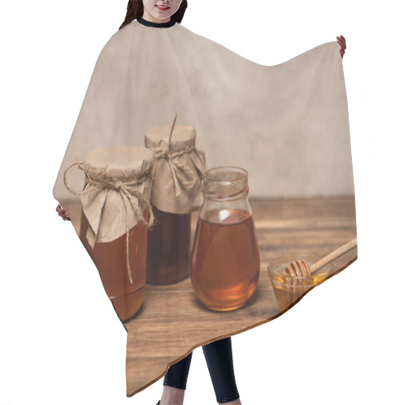 Personality  Jars With Fresh Honey Near Bowl With Dipper On Wooden Table And Grey Stone Background Hair Cutting Cape