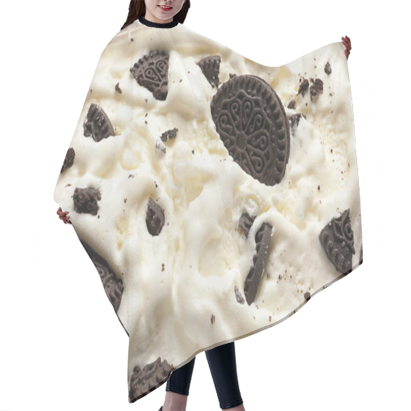 Personality  Container Of Ice Cream With Chocolate Sandwich Cookies, Closeup Hair Cutting Cape