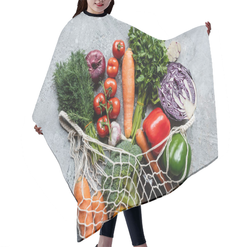 Personality  Top View Of Fresh Ripe Vegetables In String Bag On Grey Concrete Surface Hair Cutting Cape