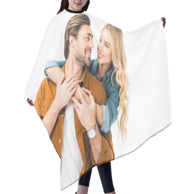 Personality  Happy Young Couple Embracing And Looking At Each Other Isolated On White  Hair Cutting Cape