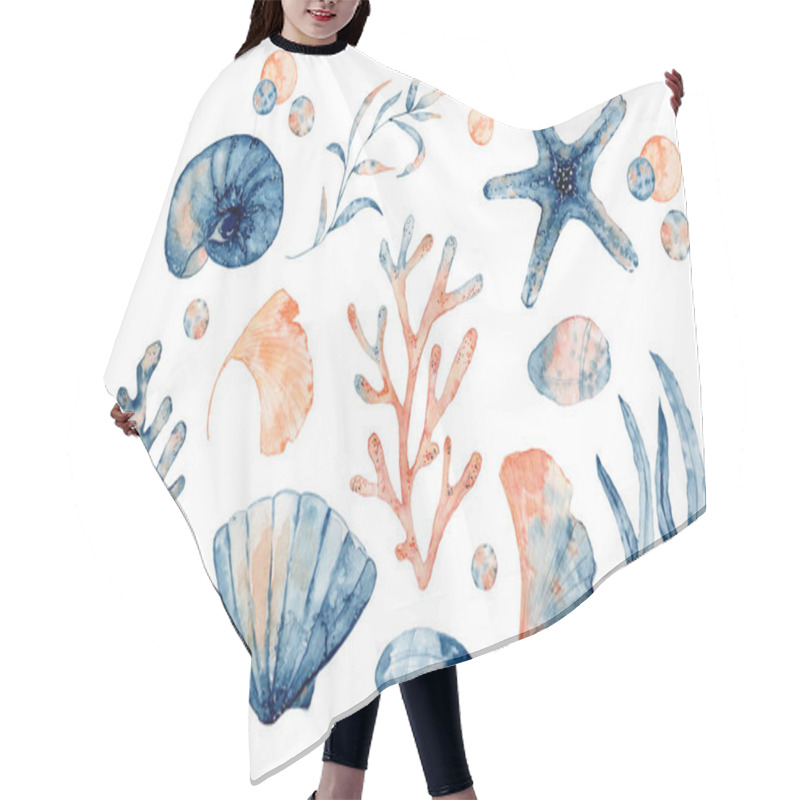 Personality  Watercolor Set Of Isolated Objects Drawing Blue And Pink Seashell, Starfish And Corals Hair Cutting Cape