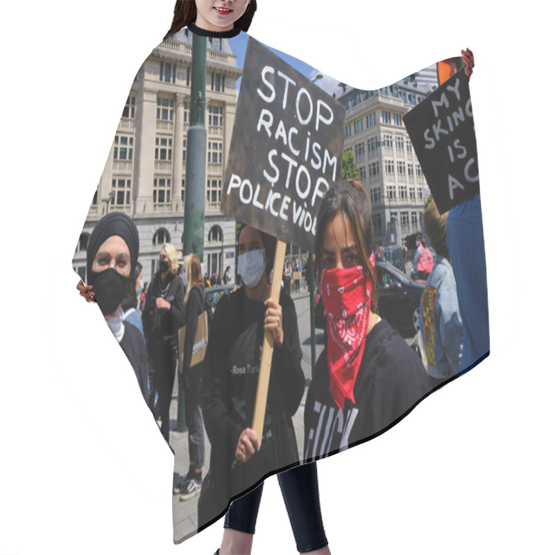 Personality  Protesters Hold Placards As They Gather In Central Brussels During The Black Lives Matter Protest Rally, Sunday, June 7, 2020.  Hair Cutting Cape