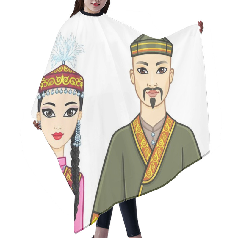 Personality  Animation  Portrait Of  Asian Family In A National Hat And Clothes. Central Asia. Vector Illustration Isolated On A White Background. Hair Cutting Cape