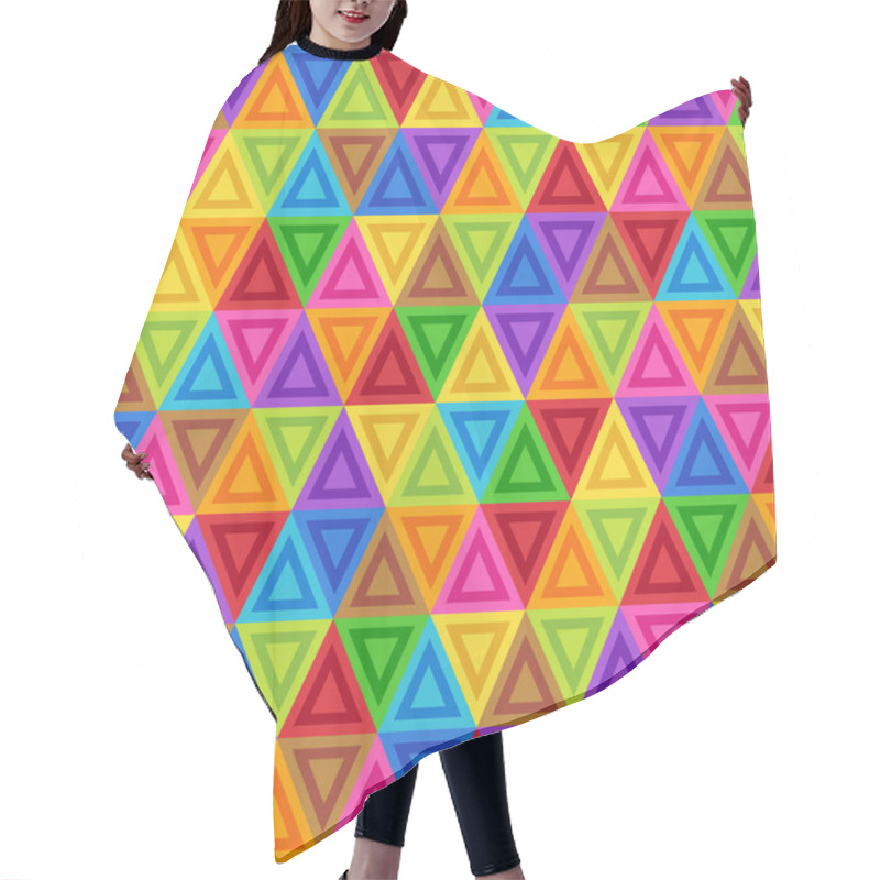 Personality  Geometric Seamless Pattern Of Triangles Of Blue, Brown, Crimson, Green, Orange, Red, Pink, Violet, Yellow Colors. Continuous Flat Symmetric Background Of Simple Geometric Triangular Figures. Hair Cutting Cape