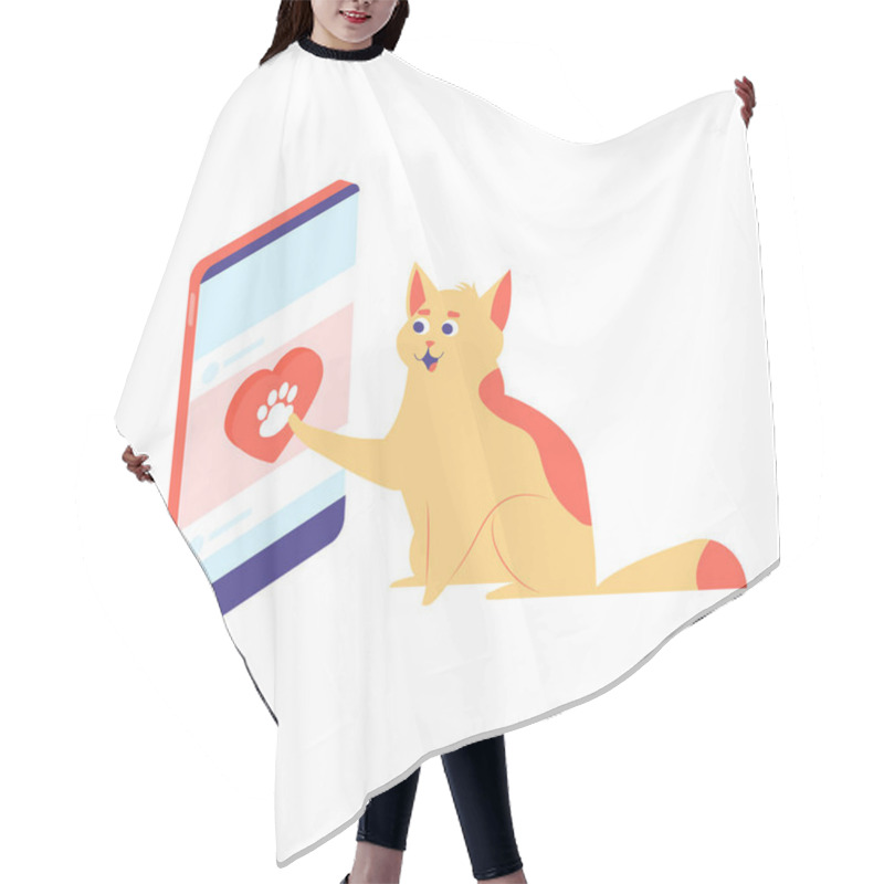 Personality  The Cat With Phone Likes In Social Network. Hair Cutting Cape