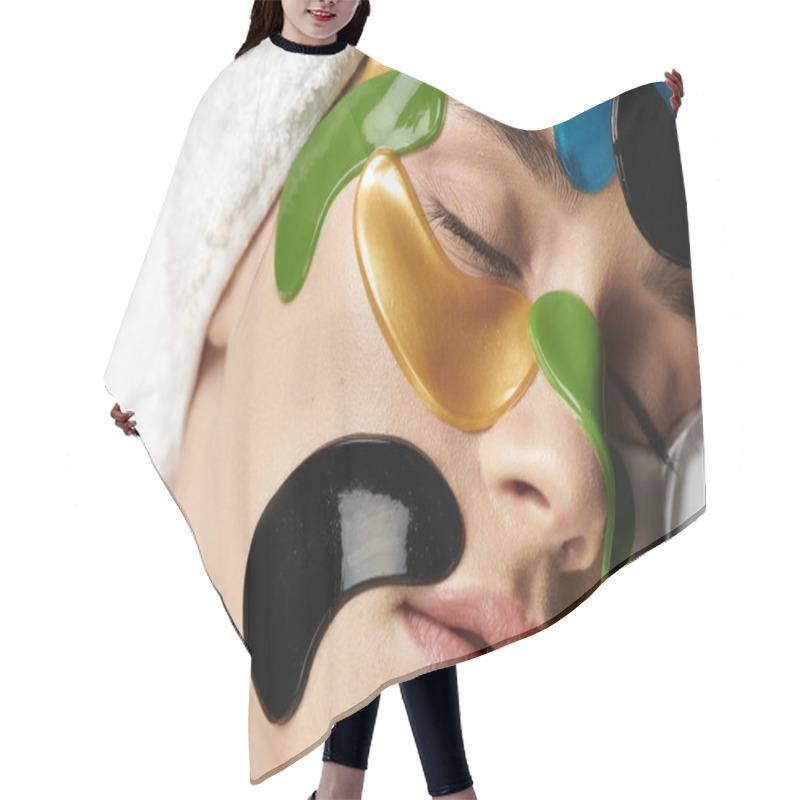 Personality  Polished Woman With A Towel Wrapped Around Her Head And Eye Patches. Hair Cutting Cape