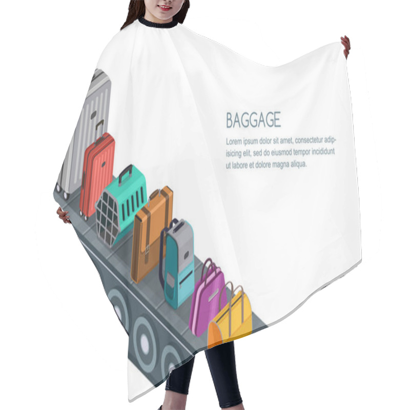 Personality  Isolated Vector 3d Isometric Illustration Of Conveyor Belt With Different Luggage, Suitcases, Bags. Concept For Checked Baggage Claim, Travel And Tourism. Hair Cutting Cape