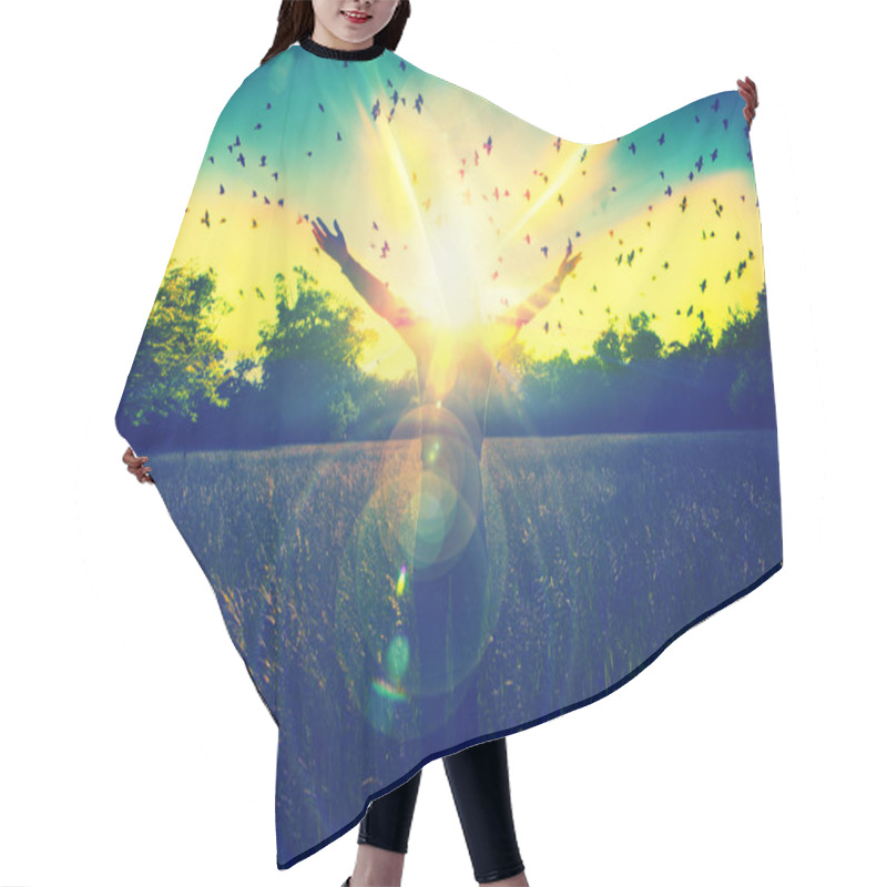 Personality  Young Girl Spreading Hands With Joy And Inspiration Facing The Sun,sun Greeting,freedom Concept,bird Flying Above Sign Of Freedom And Liberty Hair Cutting Cape