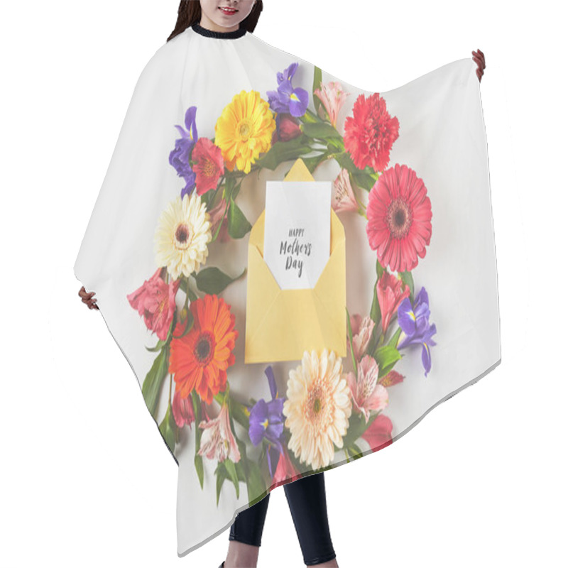 Personality  Top View Of Beautiful Floral Wreath And Happy Mothers Day Greeting Card In Envelope On Grey Hair Cutting Cape