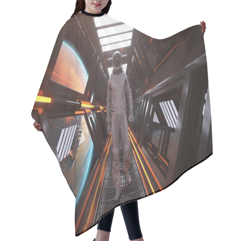 Personality  Technology And Future Concept. Alone Astronaut Walking In A Futuristic Sci-fi Corridor. Orange Neon Light. High Quality 3d Illustration Hair Cutting Cape