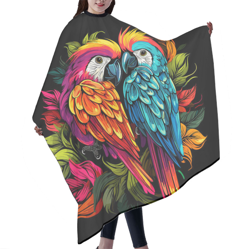 Personality  Tropical Birds Illustration. Decorative Colourful Image Of Parrots Among Bright Flowers Isolated On Black Background In Eye-catching Pop Art Style. Template For T-shirt, Sticker, Etc. Hair Cutting Cape