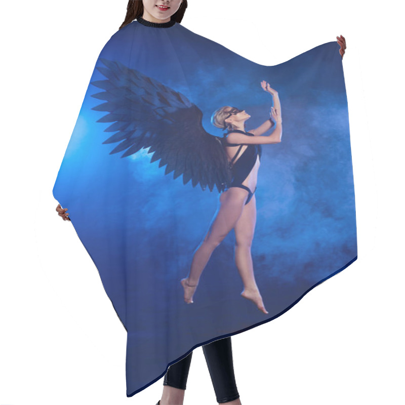 Personality  Beautiful Sexy Woman With Lace Mask And Black Angel Wings Jumping On Dark Blue Background Hair Cutting Cape