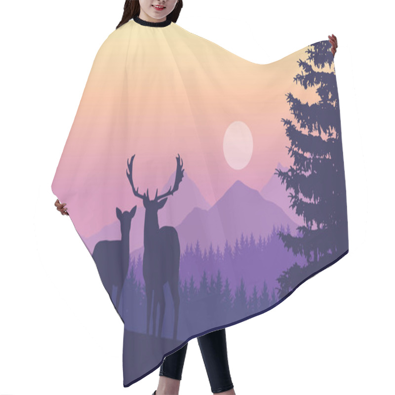 Personality  Two Deer Standing In Coniferous Forest Under Mountains And Yellow Purple Sky - Vector, With Space For Text Hair Cutting Cape