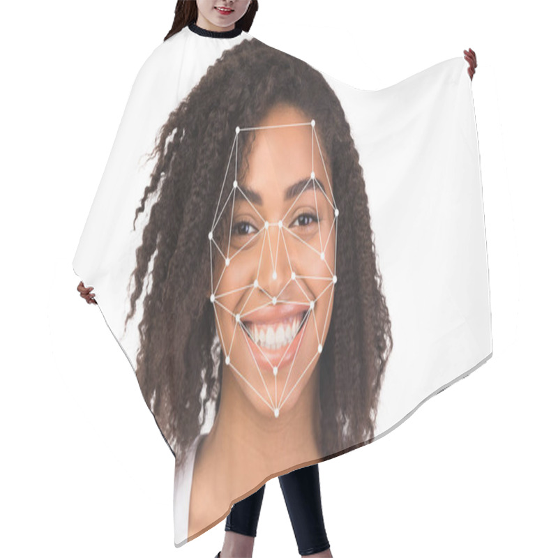 Personality  A Woman With Curly Hair Smiles Brightly As Facial Recognition Technology Scans Her Face. Hair Cutting Cape