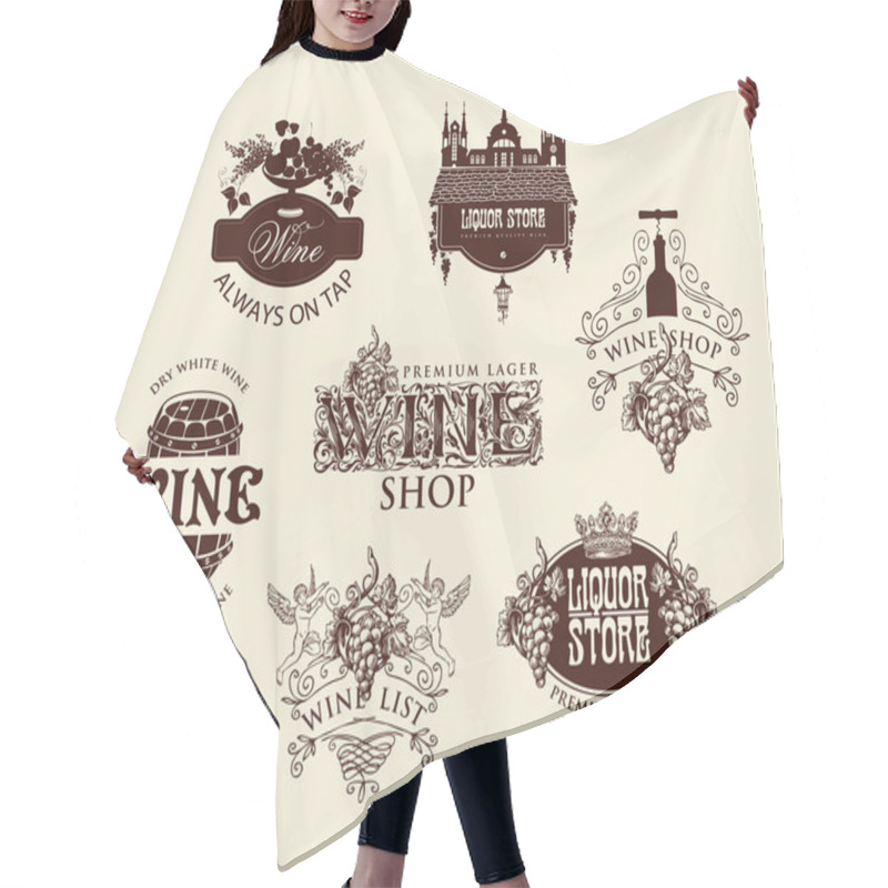 Personality  Set Of Logos, Emblems, Labels, Badges, Stickers For A Wine Shop Or Liquor Store. Vector Wine Tags With Ornate Drawings And Inscriptions On An Old Beige Background In Vintage Style Hair Cutting Cape