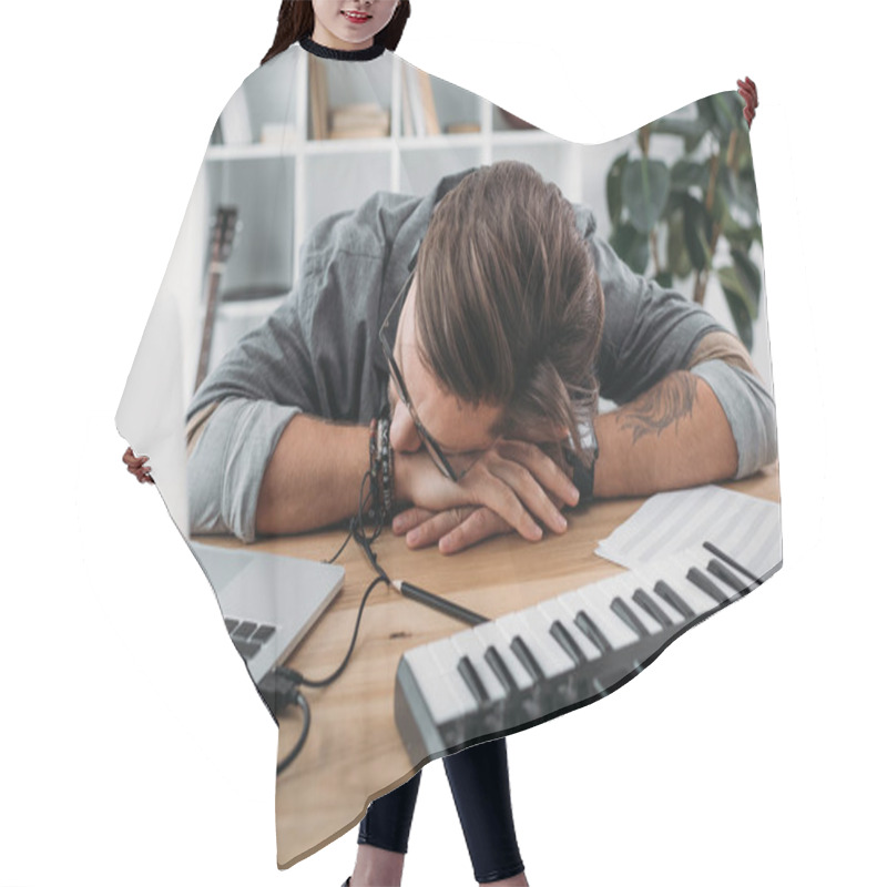 Personality  Overworked Musician Sleeping At Workplace Hair Cutting Cape