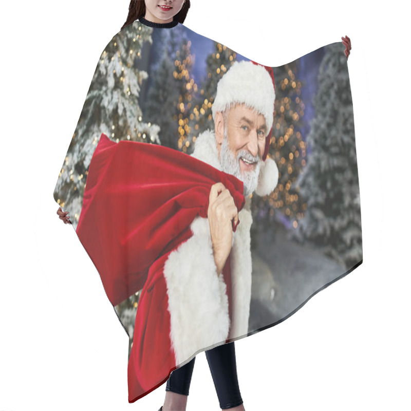 Personality  A Cheerful Santa Claus Smiles While Holding A Red Sack In A Festive Winter Landscape. Hair Cutting Cape