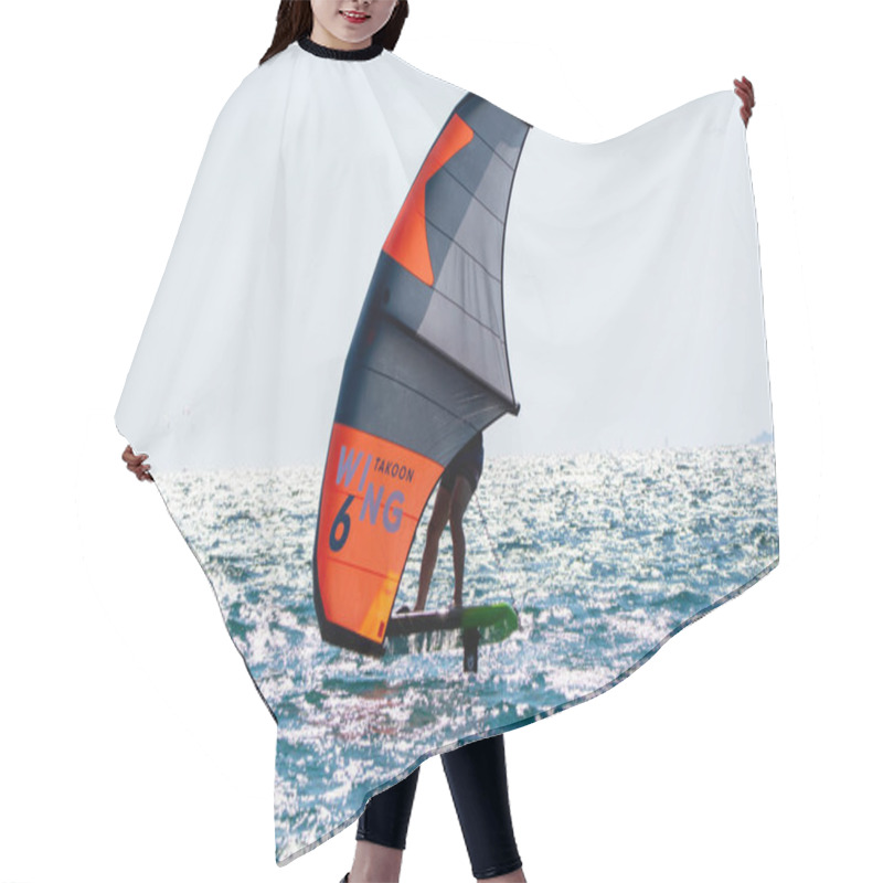 Personality  2021. Extreem Water Sports - Wing Foil, Kite Surfing, Wind Surfindg, Windy Day On Almanarre Beach Near Toulon, South Of France Hair Cutting Cape