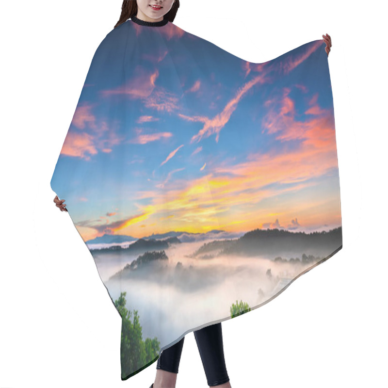 Personality  Sunrise Over Hillside As The Sun Rising From Horizon Reflect Light Bright Yellow Sky. Below Cloudy Mist Covered Valleys Flooded Pine Forests Create Impressive Beauty Highlands In Morning. Hair Cutting Cape