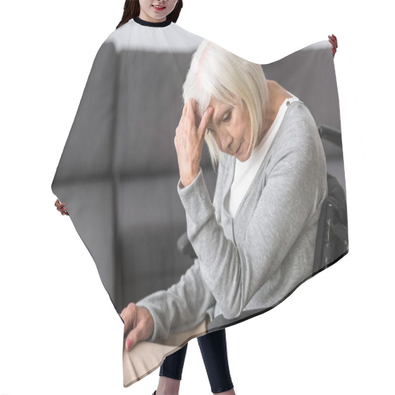 Personality  Sad Disabled Senior Woman On Wheelchair At Home Hair Cutting Cape