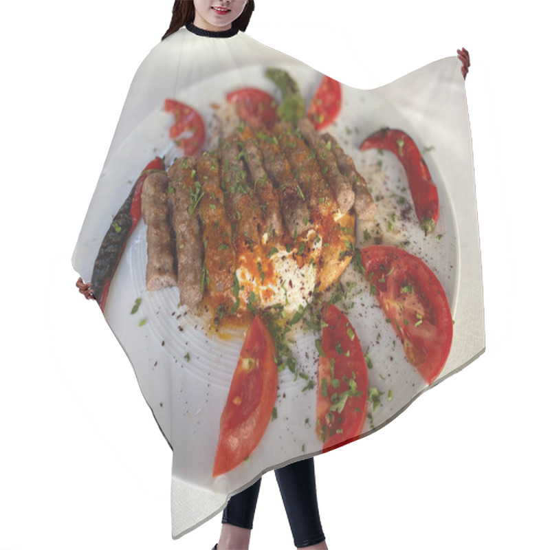 Personality  Turkish Manisa Kebap Served On Pita Bread Covered With Sauce And Yogurt. Ready To Eat. Hair Cutting Cape