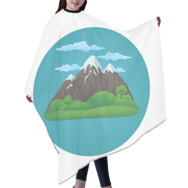 Personality  Summer, Spring Day Vector Icon. Broad Snowy Mountain With Three Peaks With Green Hills, Lush Green Trees And Bushes On A Blue Circle With Clouds. Hair Cutting Cape