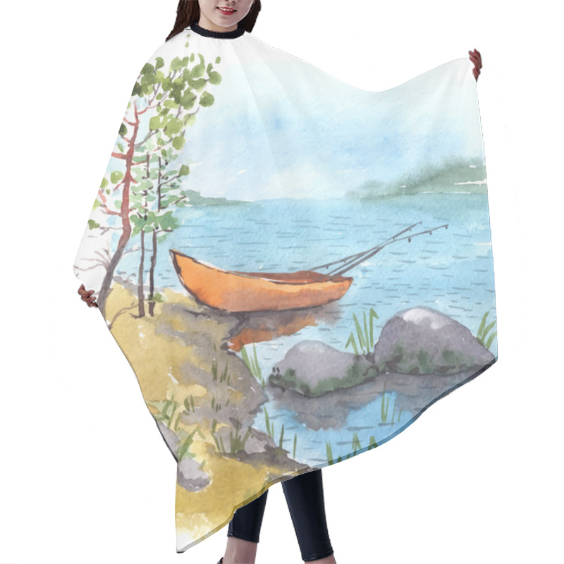 Personality  Bank Of Lake With Fishermen Boat Hair Cutting Cape