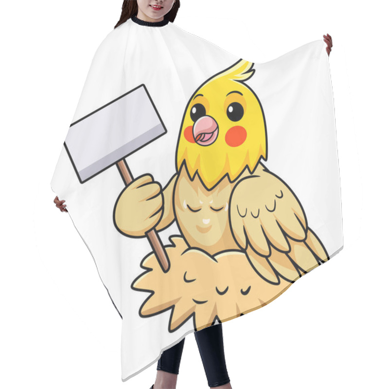 Personality  Vector Illustration Of Cute Lutino Cockatiel Bird Cartoon Holding Blank Sign Hair Cutting Cape