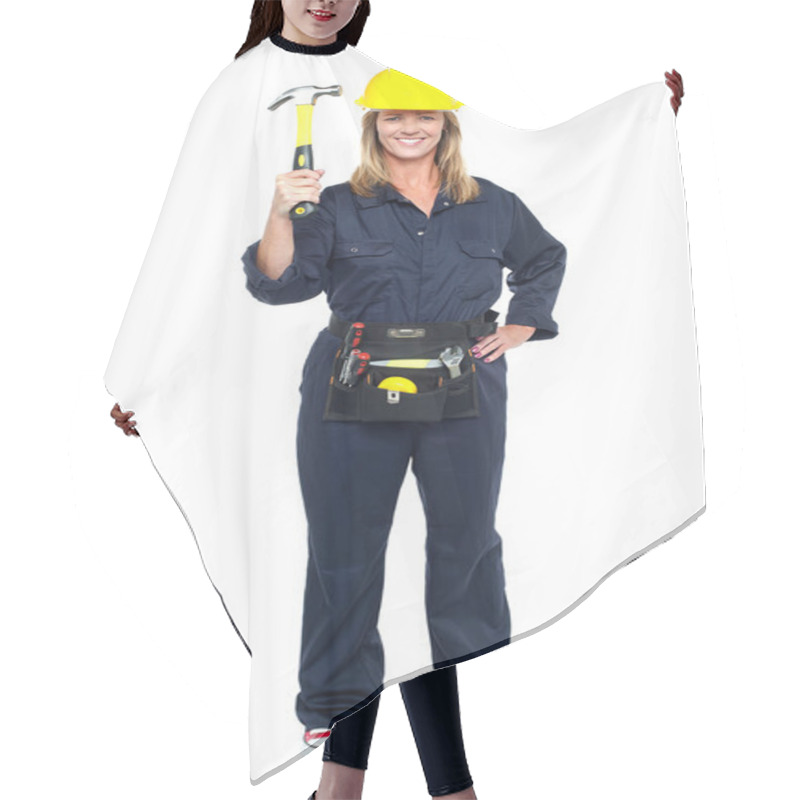 Personality  Smiling Constrution Worker Displaying Hammer Hair Cutting Cape