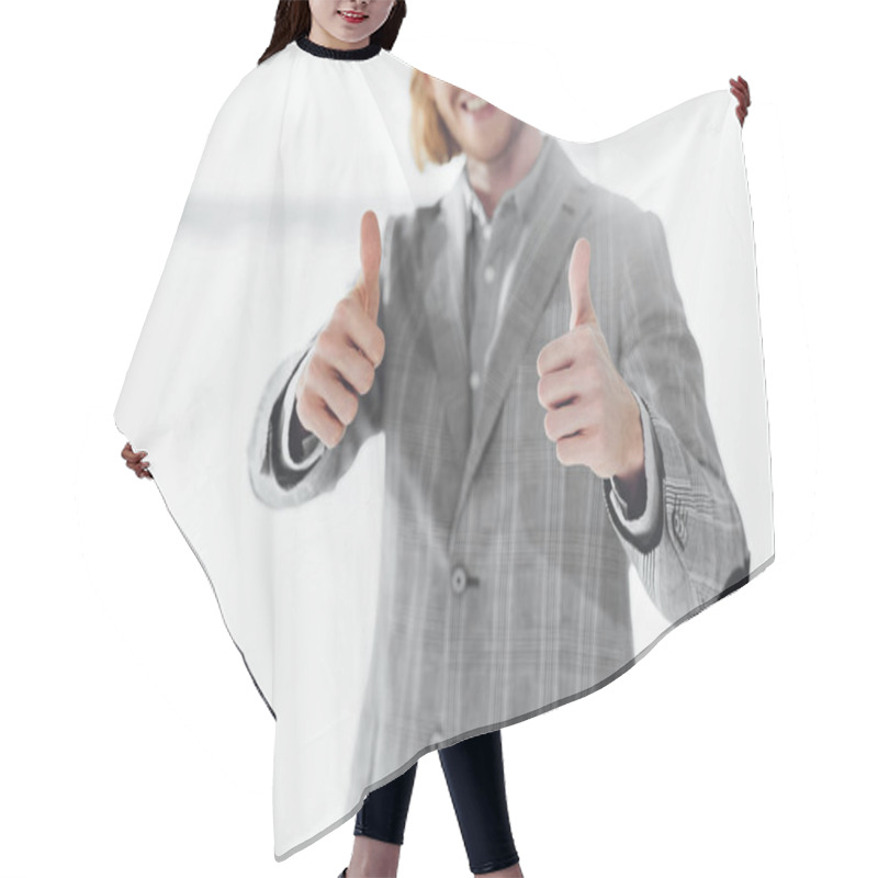 Personality  Cropped Image Of Businessman Showing Thumbs Up Hair Cutting Cape