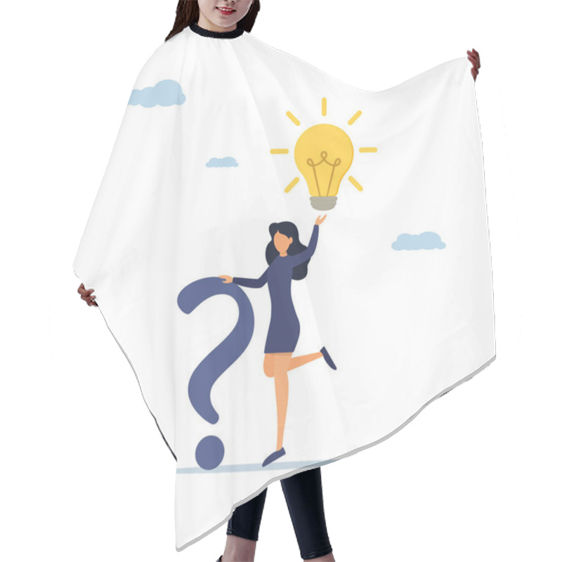 Personality  Quality Concept. Questions And Answers Or Problem Solution, Frequently Asked Questions, Help Or Creative Thinking Idea. Businesswoman Holding Question Mark And Light Bulb Hair Cutting Cape