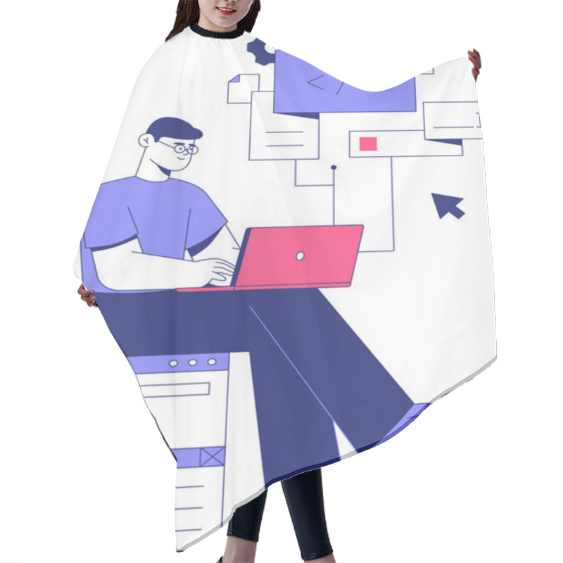 Personality  Male Character Sitting With A Laptop Surrounded By Coding And Gear Icons, Symbolizing Programming, Software Development, And Innovation In Technology. Hair Cutting Cape