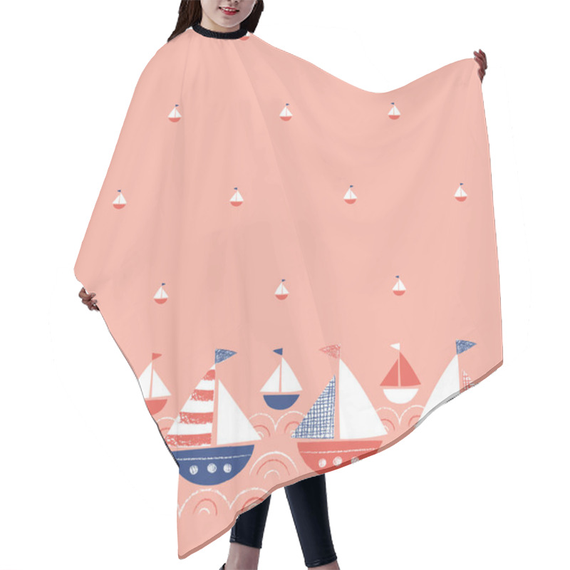 Personality  Whimsical Hand-Drawn With Crayons Ships In The Sea Vector Seamless Border And Pattern. Cute Nautical Marine Background Hair Cutting Cape